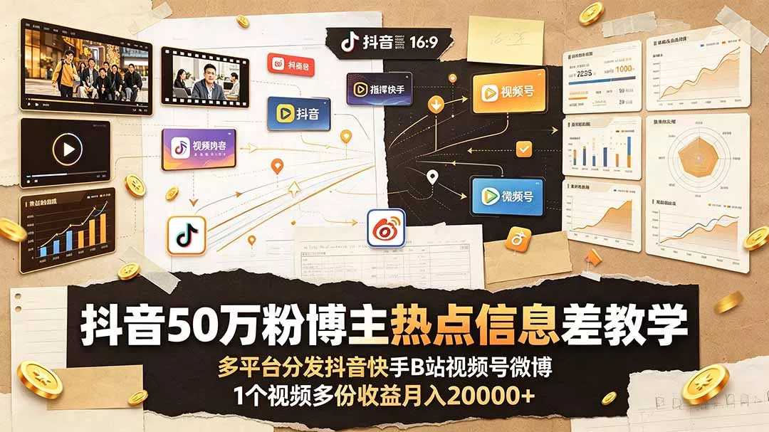 抖音50万粉博主热点信息差教学：多平台分发抖音快手B站视频号微博，1个视频多份收益月入20000+ - 项目资源网