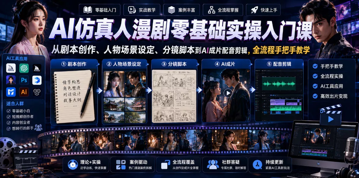 AI仿真人漫剧零基础实操入门课,从剧本创作、人物场景设定、分镜脚本到AI成片配音剪辑,全流程手把手教学 AI仿真人漫剧零基础实操入门课,从剧本创作、人物场景设定、分镜脚本到AI成片配音剪辑,全流程手把手教学