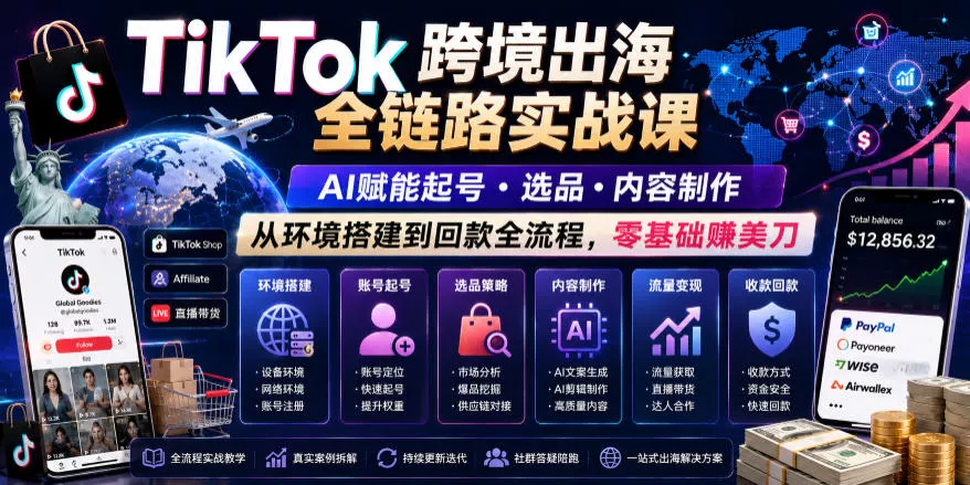 TikTok跨境出海全链路实战课,AI赋能起号・选品・内容制作,从环境搭建到回款全流程,零基础賺美刀 TikTok跨境出海全链路实战课,AI赋能起号・选品・内容制作,从环境搭建到回款全流程,零基础賺美刀