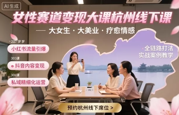 女性赛道变现大课杭州线下,大女生,大美业,疗愈情感,一套小红书、抖音、私域全链路打法