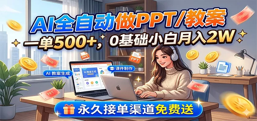 AI全自动做PPT/教案，一单500+，0基础小白月入2W，永久接单渠道免费送 - 项目资源网
