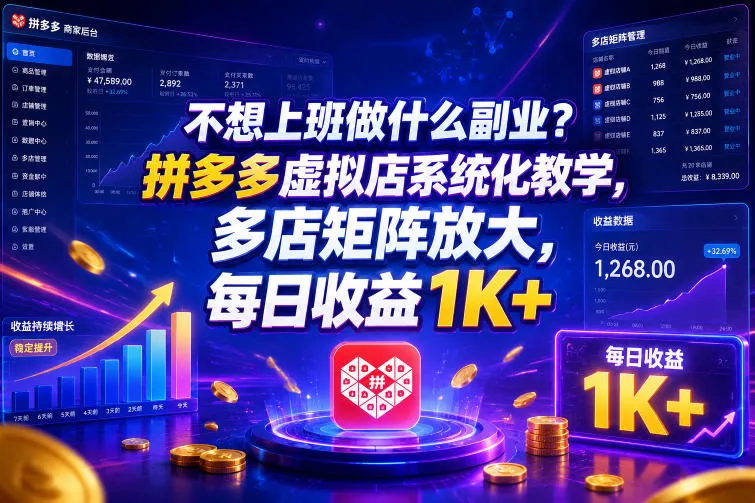 不想上班做什么副业?拼多多虚拟店系统化教学,多店矩阵放大,每日收益1K+【揭秘】 不想上班做什么副业?拼多多虚拟店系统化教学,多店矩阵放大,每日收益1K+【揭秘】