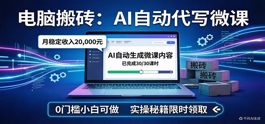 电脑搬砖AI自动代写微课,月稳定2W,0门槛小白可做,实操秘籍 电脑搬砖AI自动代写微课,月稳定2W,0门槛小白可做,实操秘籍