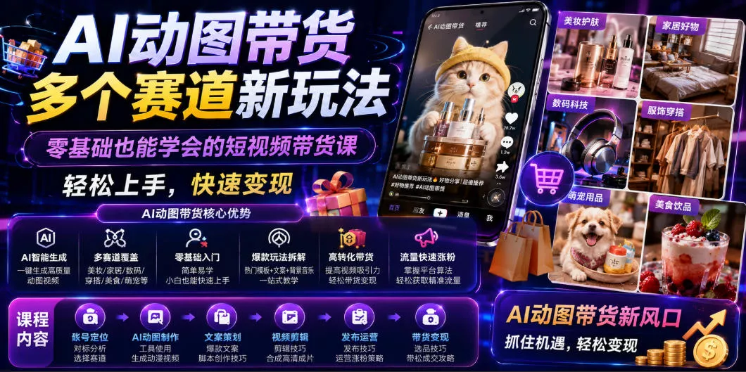 AI动图带货多个赛道新玩法，零基础也能学会的短视频带货课，轻松上手，快速变现 - 项目资源网