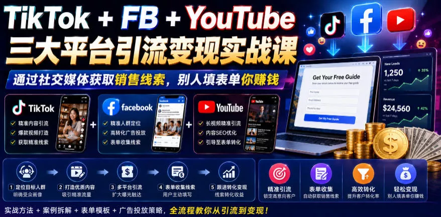 TikTok+FB+YouTube三大平台引流变现实战课，通过社交媒体获取销售线索，别人填表单你賺钱【原创双语字幕】 - 项目资源网