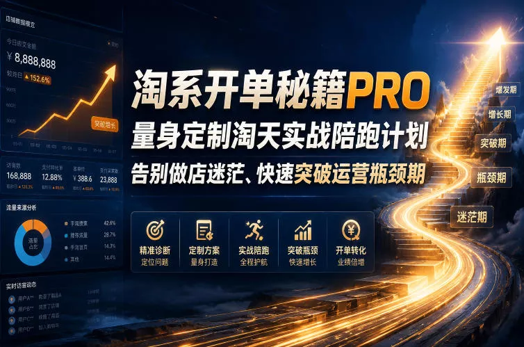 淘系开单秘籍PRO,量身定制淘天实战陪跑计划,告别做店迷茫、快速突破运营瓶颈期(2026年6月11) 淘系开单秘籍PRO,量身定制淘天实战陪跑计划,告别做店迷茫、快速突破运营瓶颈期(2026年6月11)