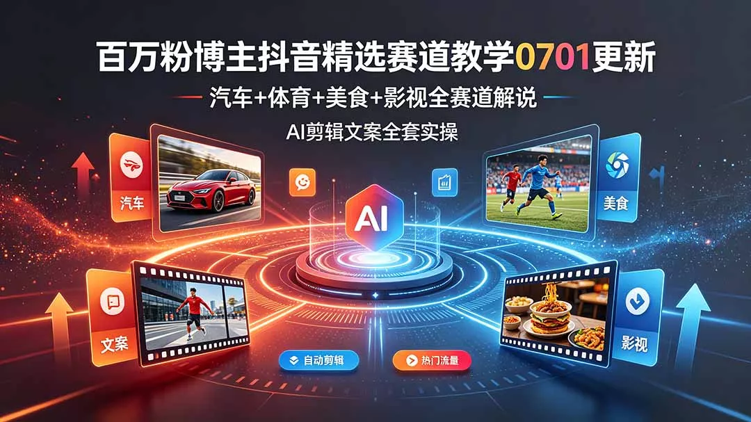 百万粉博主抖音精选赛道教学-0701更新，汽车+体育+美食+影视全赛道解说，AI剪辑文案全套实操 - 项目资源网