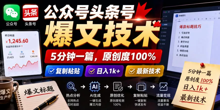 公众号头条号爆文技术,5分钟一篇,原创度100%,复制粘贴,日入1k+,最新技术【揭秘】 公众号头条号爆文技术,5分钟一篇,原创度100%,复制粘贴,日入1k+,最新技术【揭秘】