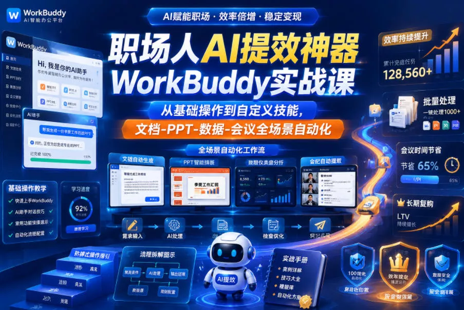 职场人AI提效神器WorkBuddy实战课,从基础操作到自定义技能,文档-PPT-数据-会议全场景自动化 职场人AI提效神器WorkBuddy实战课,从基础操作到自定义技能,文档-PPT-数据-会议全场景自动化