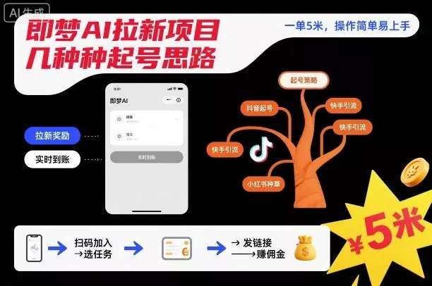 即梦AI拉新项目几种起号思路,一单5米,操作简单易上手