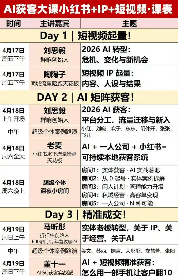 AI获客大课小红书+IP+短视频3天2夜线下课,用最真实的一线案例,最前沿的AI工具,最有效的流量打法 AI获客大课小红书+IP+短视频3天2夜线下课,用最真实的一线案例,最前沿的AI工具,最有效的流量打法