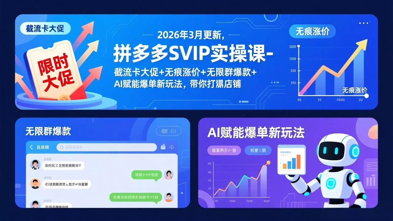 拼多多SVIP实操课-26年3月,截流卡大促+无痕涨价+无限群爆款+AI赋能爆单新玩法,带你打爆店铺 拼多多SVIP实操课-26年3月,截流卡大促+无痕涨价+无限群爆款+AI赋能爆单新玩法,带你打爆店铺