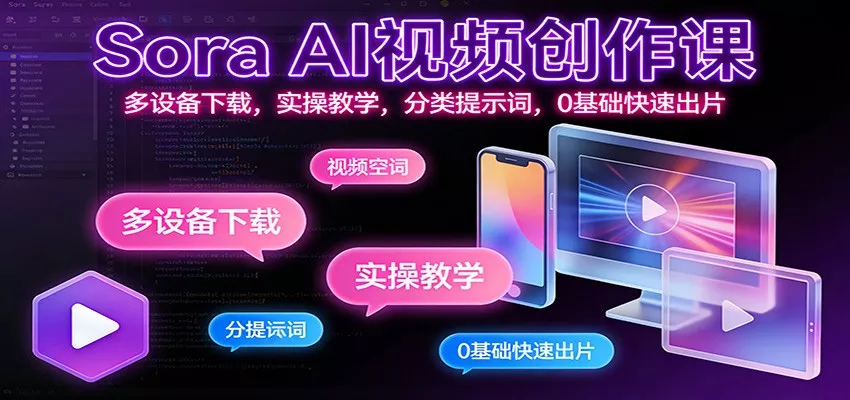 Sora AI视频创作课：多设备下载，实操教学，分类提示词，0基础快速出片 - 项目资源网