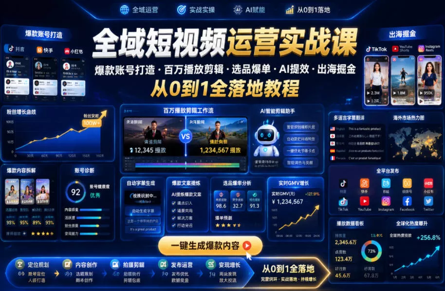 全域短视频运营实战课,爆款账号打造・百万播放剪辑・选品爆单・AI提效・出海掘金,从0到1全落地教程 全域短视频运营实战课,爆款账号打造・百万播放剪辑・选品爆单・AI提效・出海掘金,从0到1全落地教程