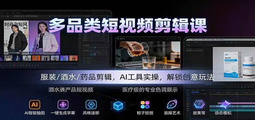 多品类短视频剪辑课：服装/酒水/药品剪辑，AI工具实操，解锁创意玩法 - 项目资源网