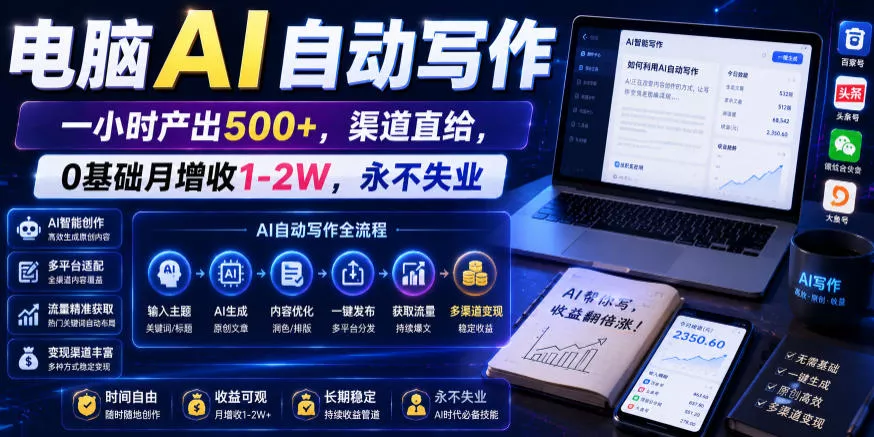 电脑AI自动写作,一小时产出500+,渠道直给,0基础月增收1-2W,永不失业【揭秘】 电脑AI自动写作,一小时产出500+,渠道直给,0基础月增收1-2W,永不失业【揭秘】