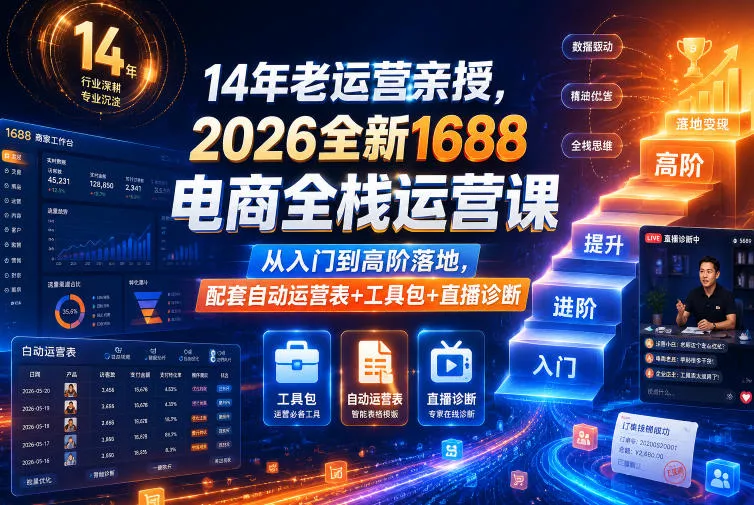 14年老运营亲授,2026全新1688电商全栈运营课,从入门到高阶落地,配套自动运营表+工具包+直播诊断等 14年老运营亲授,2026全新1688电商全栈运营课,从入门到高阶落地,配套自动运营表+工具包+直播诊断等