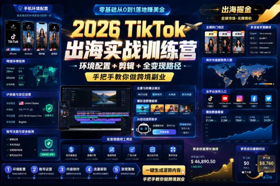 2026 TikTok出海实战训练营，环境配置 + 剪辑 + 全变现路径，手把手教你做跨境副业 - 项目资源网
