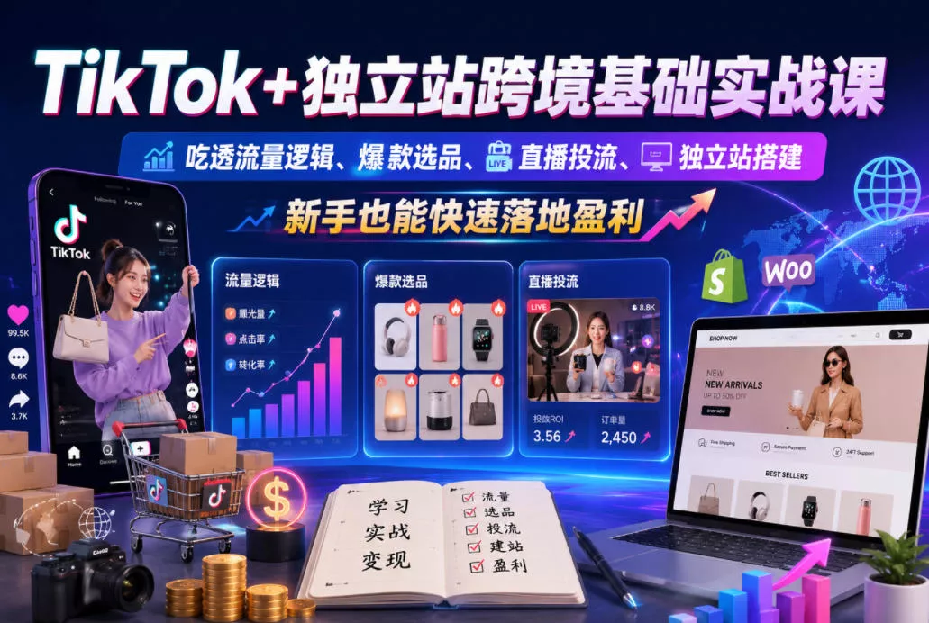 TikTok+独立站跨境基础实战课,吃透流量逻辑、爆款选品、直播投流与独立站搭建,新手也能快速落地盈利 TikTok+独立站跨境基础实战课,吃透流量逻辑、爆款选品、直播投流与独立站搭建,新手也能快速落地盈利